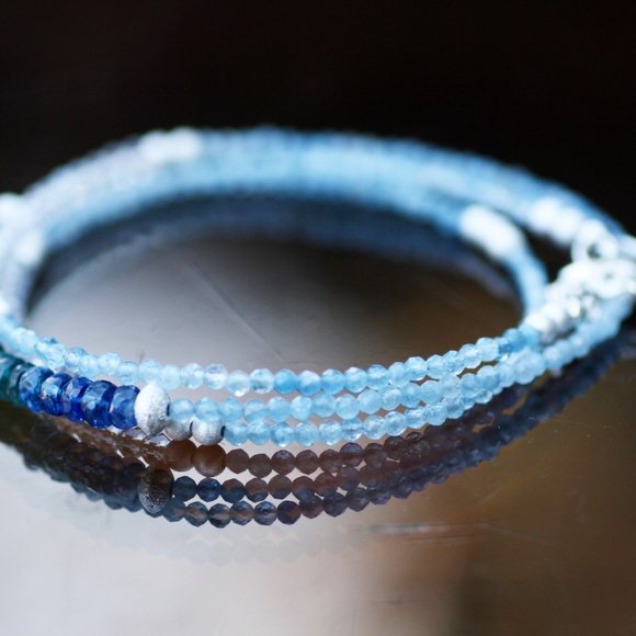 Natural Kyanite, Aquamarine Wrap Bracelet Convertible Necklace Sterling Silver - Picture 9 of 14